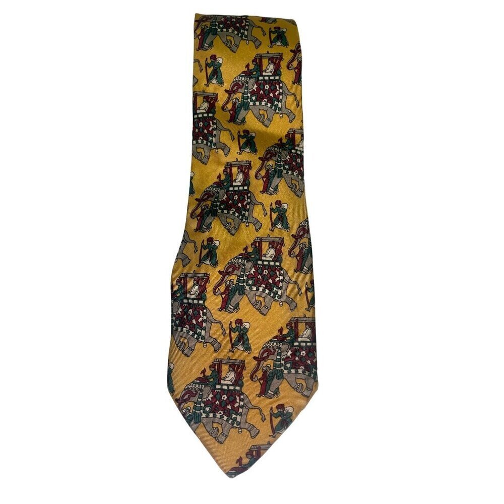 Bally 100% Silk Yellow Graphic Elephant India Neck Tie 3.5" Men's